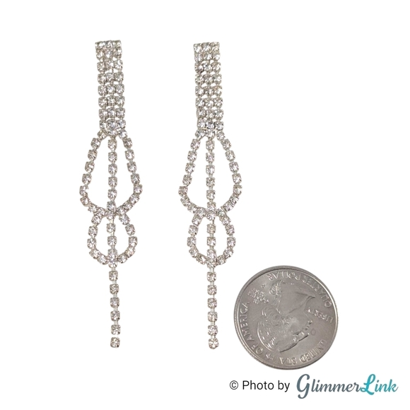 Art Deco Style Long Clear Rhinestones Silver Tone Pierced Earrings - Picture 3 of 5